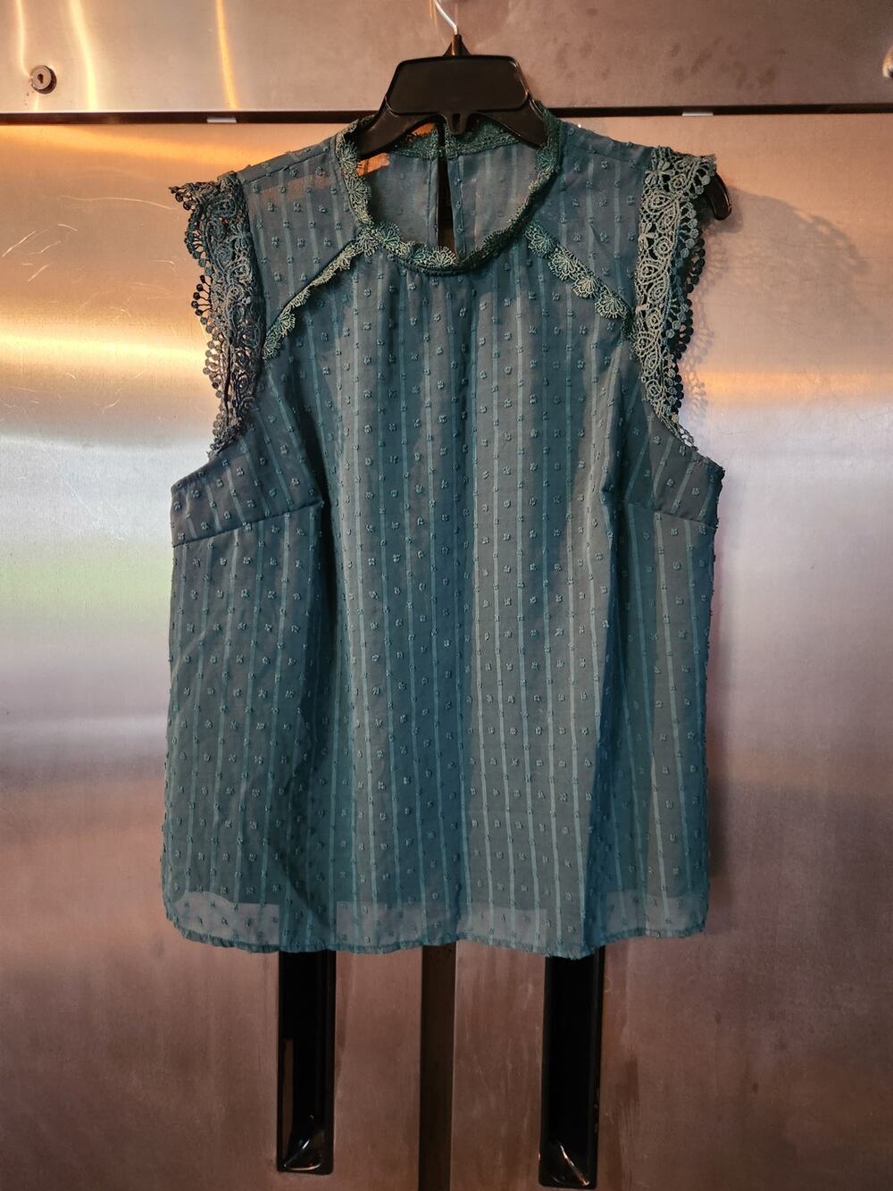 Shein Curve Teal Pinstripe Ruffle Cap Sleeve Top Size 1XL